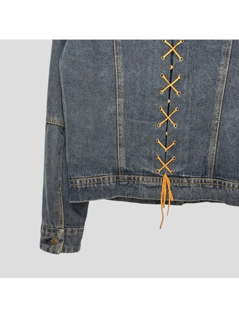 90s Gray Denim Jacket M Lace Up Corset Back Whimsigoth Grunge Steampunk Y2K - Picture 5 of 13